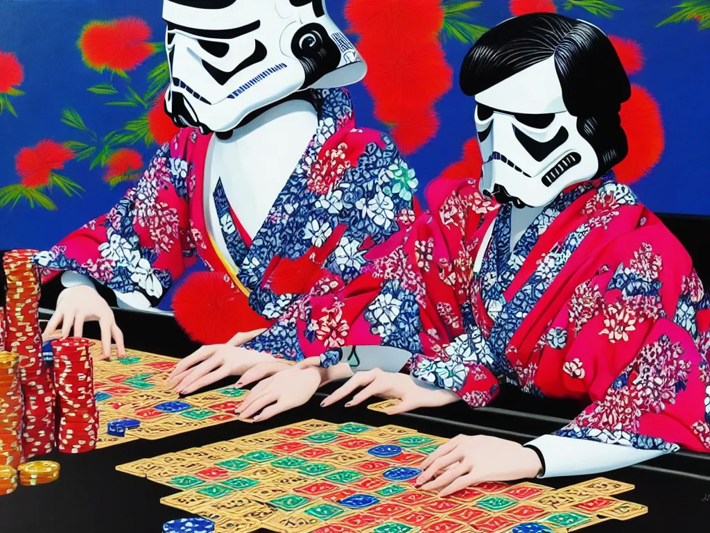 Image similar to hyperrealism composition of the detailed single woman in a japanese kimono sitting at an extremely detailed poker table with stormtrooper, fireworks, river on the background, pop - art style, jacky tsai style, andy warhol style, acrylic on canvas