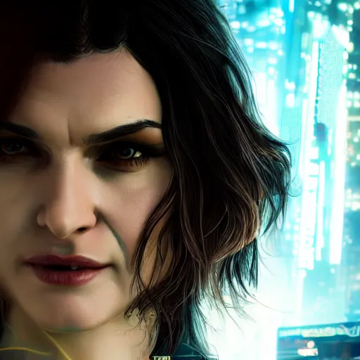 Image similar to rachel weisz portrait, Cyberpunk 2077, cyberpsycho, photorealistic, ultra detailed, neon, octane, bokeh, cyber, cyberpunk city, feature, scars, cyberface, 8k