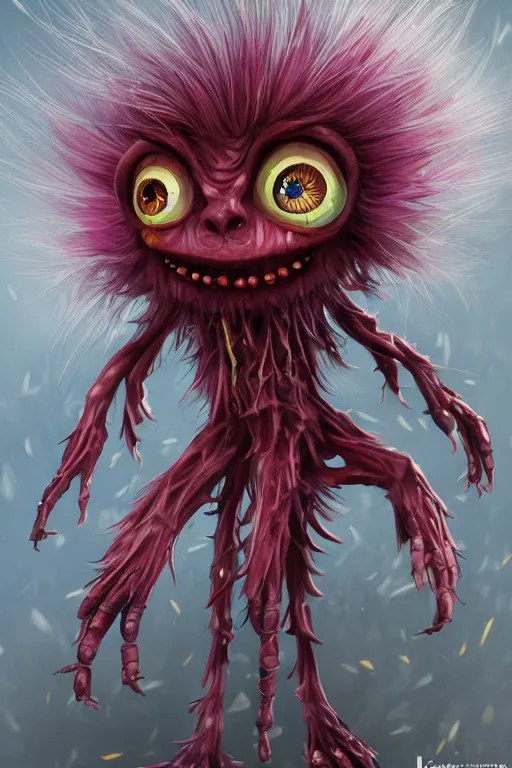 Image similar to a humanoid figure dandelion raspberry monster, large eyes and menacing smile, highly detailed, digital art, sharp focus, trending on art station, anime art style