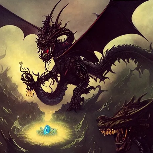 Image similar to flying black dragon spitting acid, d & d, fantasy, greg rutkowski, frank frazetta, alexandre chaudret, boris vallejo, michael whelan, miro petrov, hr giger, magali villeneuve, donato giancola