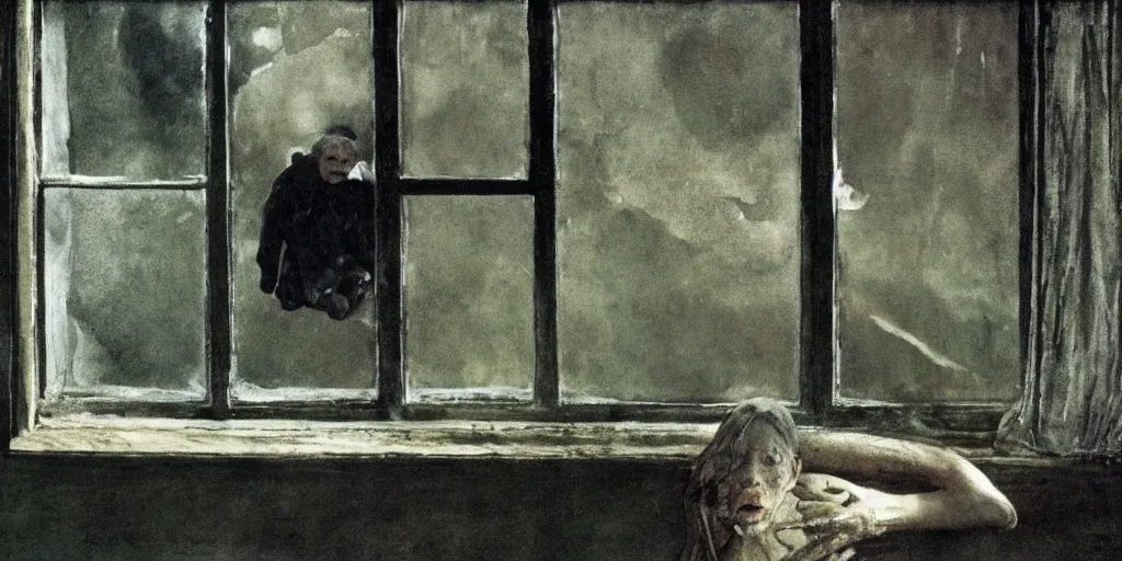 Prompt: the creepy person outside the window, a painting by Andrew Wyeth