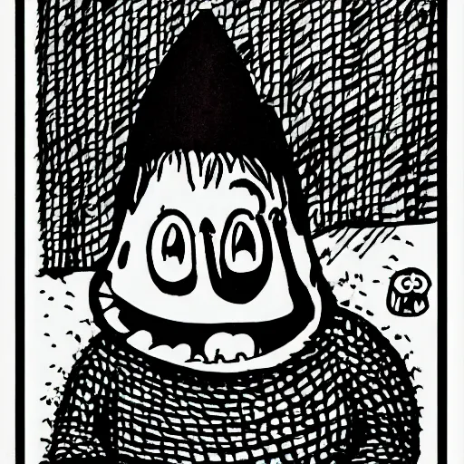 Image similar to evil creepy killer moomin with mouth open and several rows of pointy teeth, comic book style