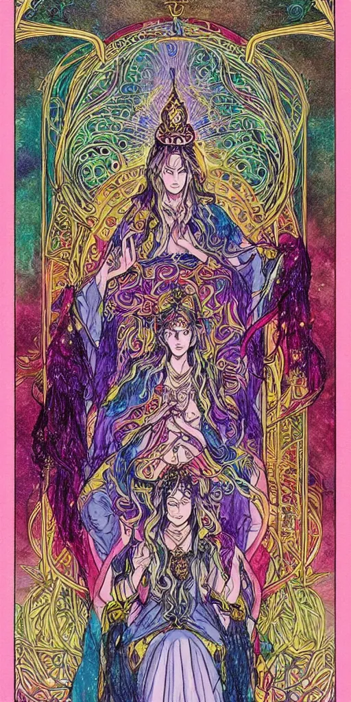 Image similar to a mystical woman priestess sitting on a throne, the divine feminine, drawn by studio UFOTABLE, psychedelic, fine line work, pastel colors, Tarot cards. The empress tarot card, detailed, anime