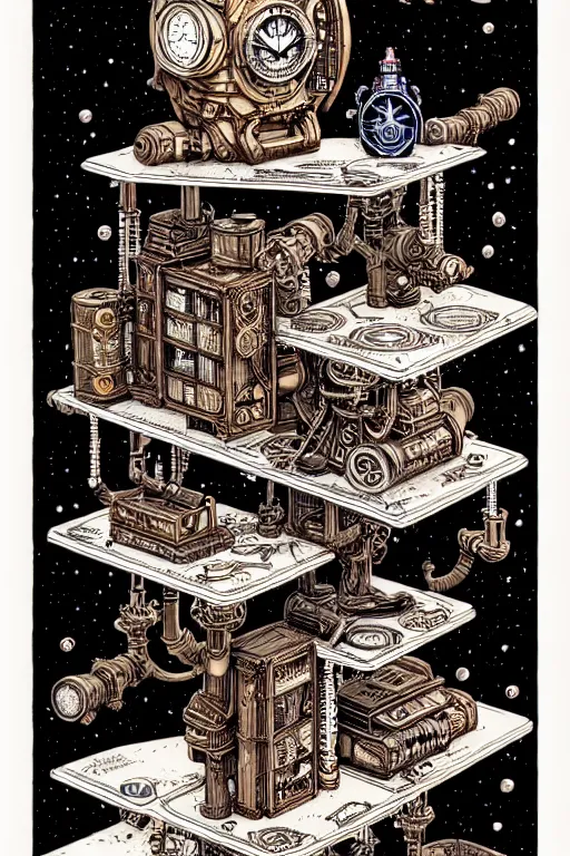 Image similar to a majestic steampunk alchemist book shelf, furniture, high details, bold line art, by vincent di fate and joe fenton, inking, etching, screen print, masterpiece, trending on artstation, sharp, high contrast, hyper - detailed,, hd, 4 k, 8 k