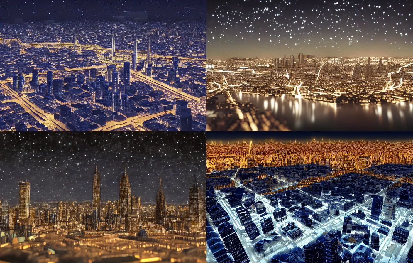 Prompt: A porcelain city model at a starry night, city led lights, tilt shift, high contrast, reflections, VRAY renderer, pristine quality wallpaper