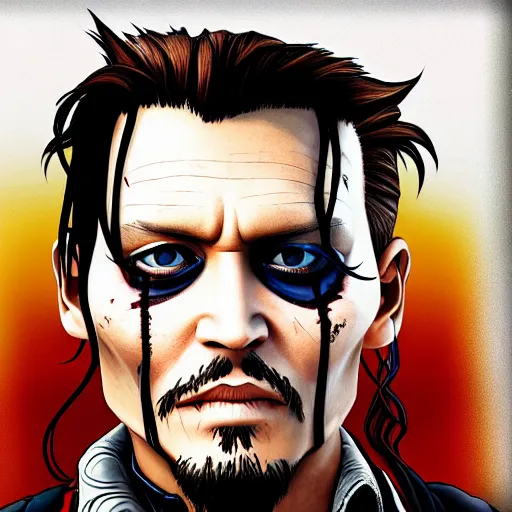 Image similar to johnny depp portrait, borderlands, tales from the borderlands, the wolf among us, comic, cinematic lighting, studio quality, 8 k