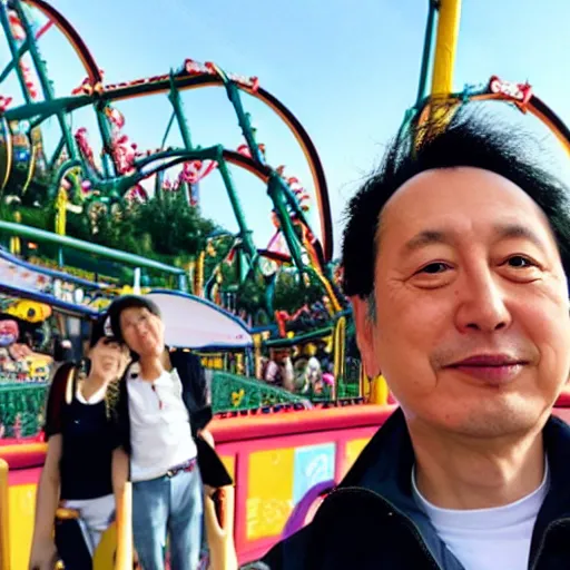 Prompt: hirohiko araki at an amusement park, selfie
