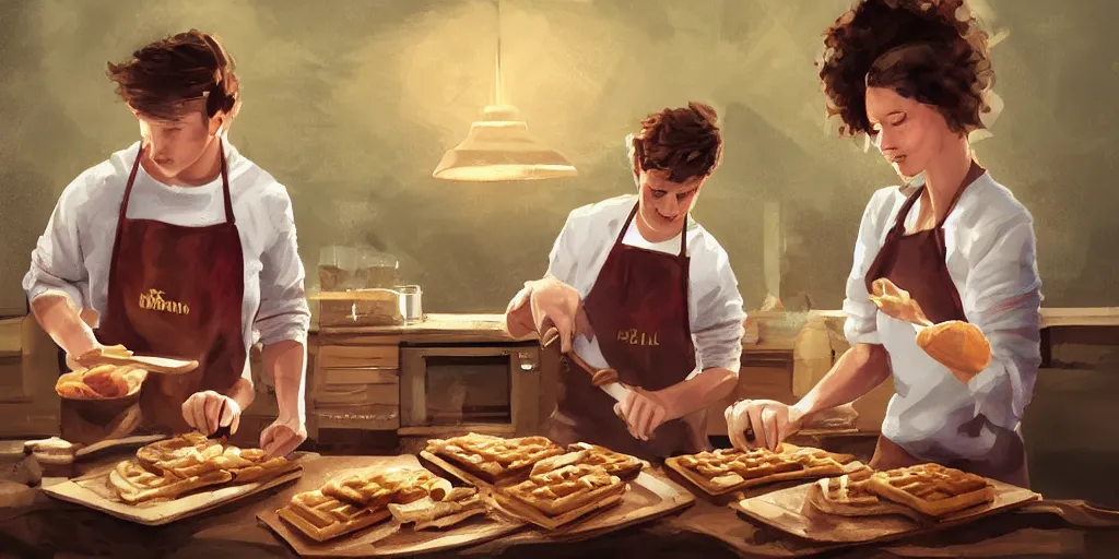 Image similar to A couple baking waffles, digital art, epic lighting