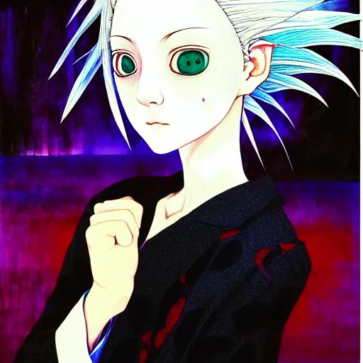 Image similar to yoshitaka amano blurred and dreamy realistic three quarter angle portrait of a young woman with white hair and black eyes wearing dress suit with tie, junji ito abstract patterns in the background, satoshi kon anime, chungking express color palette, noisy film grain effect, highly detailed, renaissance oil painting, weird portrait angle, blurred lost edges