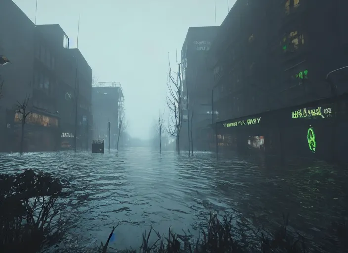 Image similar to dark, misty, foggy, flooded new york city street swamp in Destiny 2, liminal creepy, dark, dystopian, abandoned highly detailed 4k 60fps in-game destiny 2 screenshot gameplay showcase