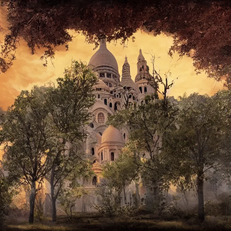 Prompt: abandoned Basilica of Sacré Coeur de Montmartre, toxic orange and pink clouds strain the sunlight, stark contrasting lighting, contrejour, a two-headed mutated deer-like creature looks on in the distance from the sparse twisted silhouetted foliage, a highly detailed colorful matte painting by Scott Listfield and Mikko Lagerstedt, featured on Artstation, Unreal Render, 8k HDR, fisheye