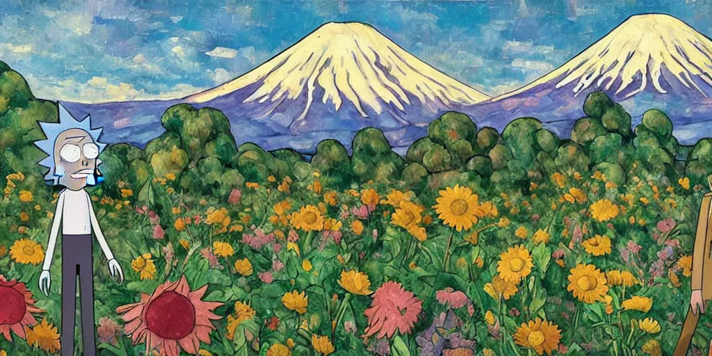 Prompt: Rick and morty in a Field of mixed flowers, Mount Fuji blurred in the background, good news on Sunday, Cézanne style,XIXth century painting with gold frame