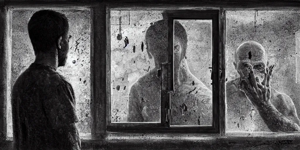 Prompt: detailed analog medium format photo, man looking through window while horrifying entity with deformed face watches him from outside in distance, artwork by maxim verehin, high production value, intricate details, 8 k resolution, hyperrealistic, hdr, photorealistic, high definition, tehnicolor, award - winning photography, masterpiece, amazing colors, trending on artstation