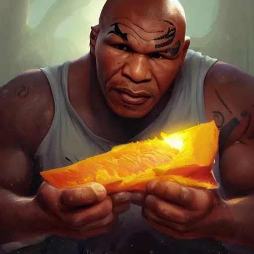 Image similar to beautiful portrait photo of mike tyson in a war with scarlett johansson and her cheddar cheese, 85mm, attractive features, details, sharp focus, illustration, by Jordan Grimmer and greg rutkowski, Trending artstation, pixiv, digital Art