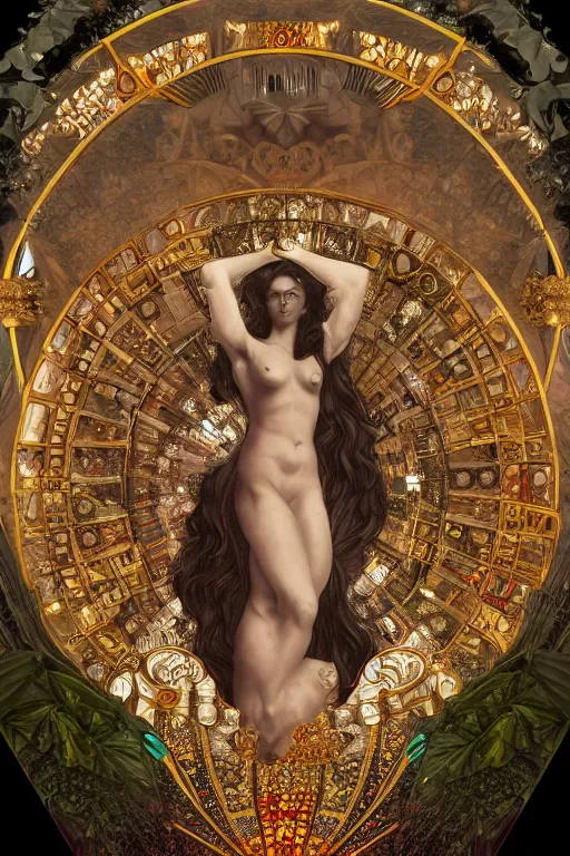 Image similar to a realistic dark photo of a miss of the world as an ancient goddess in jewelery and fractals in style of alphonse mucha art nuvo dmt trending on artstation made in unreal engine 4