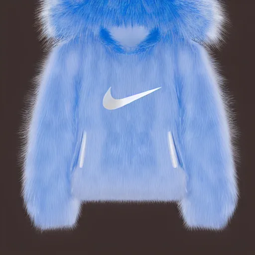 Prompt: nike logo made of very fluffy blue faux fur placed : : on reflective surface, nike logo, professional advertising, overhead lighting, heavy detail, realistic by nate vanhook, mark miner