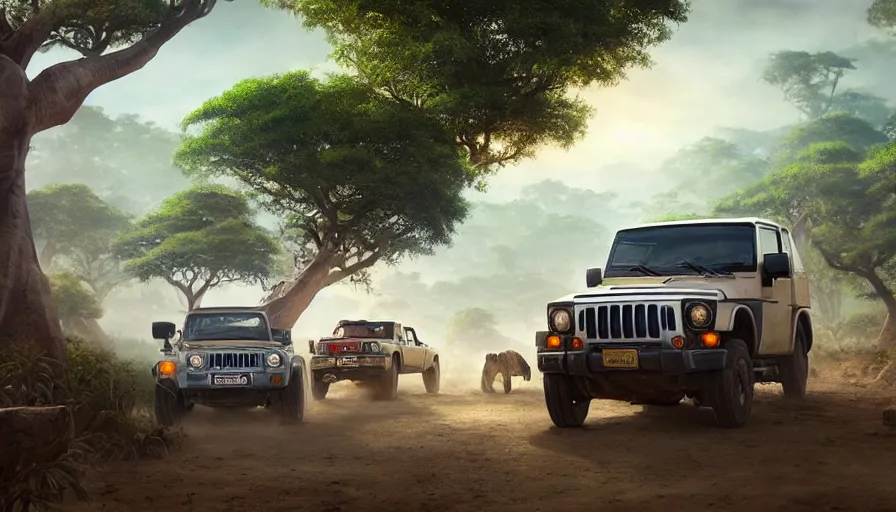 Image similar to mahindra thar driving through madagascar road with baobabs trees, animals running along, tribe members attacking, action scene, an epic fantasy, wide shot, artgerm, trending on artstation, masterpiece, by greg rutkowski, by ross tran, by fenghua zhong, octane, soft render, ultrarealistic, colorful, cinematic, midsommar