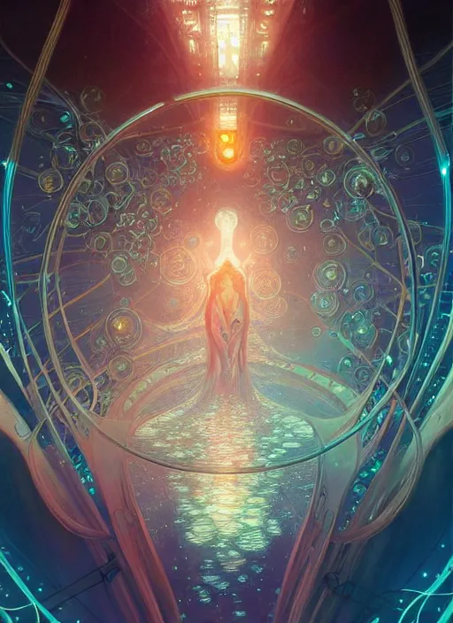 Image similar to fractals!! water, hybrids, tech wear, scifi, glowing lights!! intricate elegant, highly detailed, digital painting, artstation, concept art, smooth, sharp focus, thin glowing wires, illustration, art by artgerm and greg rutkowski and alphonse mucha, singularity!!!