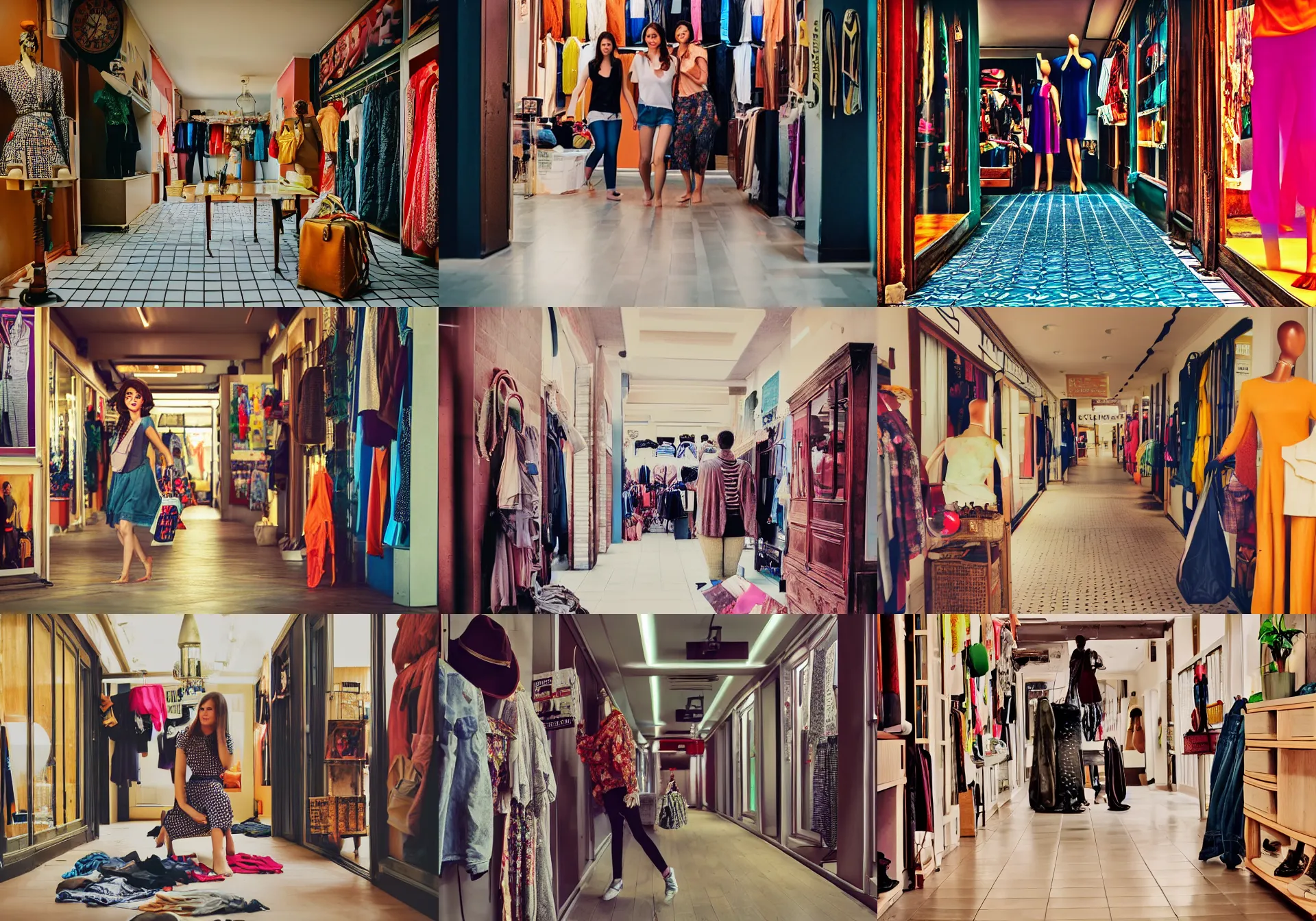 Prompt: home photography portrait, hallway of the clothes shop in market, floor, mannequin, poster ; summer, Color VHS picture quality with mixed noise