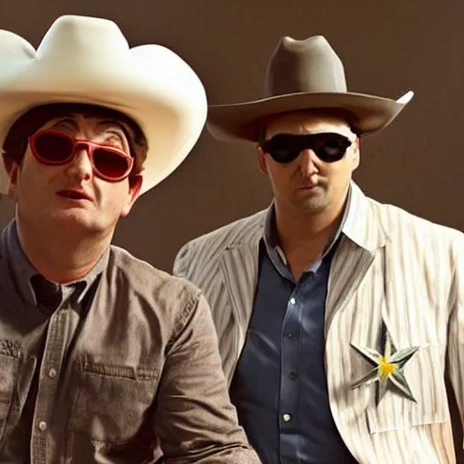 Prompt: Tim Robinson and Sam Richardson from I think You should Leave, wearing the Lone Ranger cowboy hat and face disguise, photo from the sitcom Hot Shots Megee