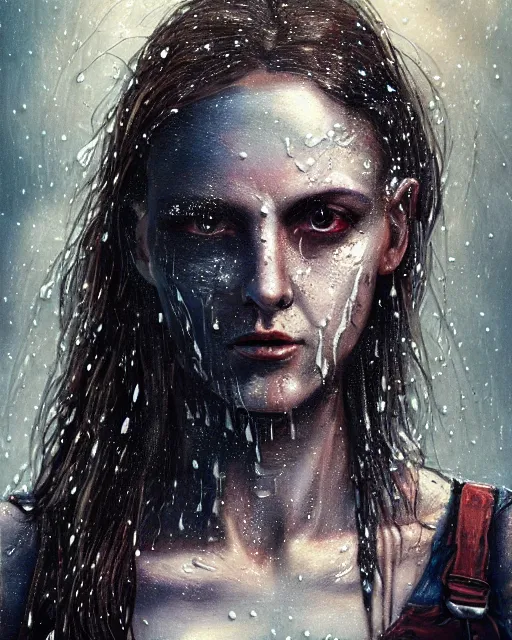 Prompt: punk woman, soft eyes and narrow chin, dainty figure, long hair straight down, torn overalls, nebula background, side boob, blows smoke, wet shirt, wet, raining, highly detailed face, realistic face, beautiful detailed eyes, fantasy art, in the style of greg rutkowski, illustration, epic, fantasy, intricate, hyper detailed, artstation, concept art, smooth, sharp focus, ray tracing, vibrant,