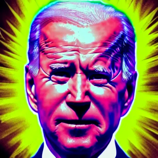 Image similar to god emperor joe biden. laser eyes. fantasy art. vhs filter effect.