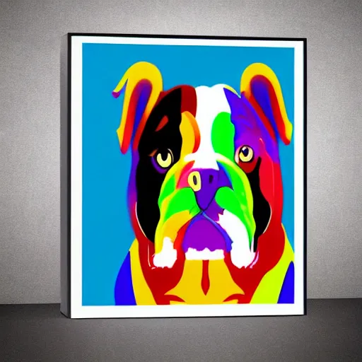 Prompt: rainbow excited smiling bulldog puppy. pop art.