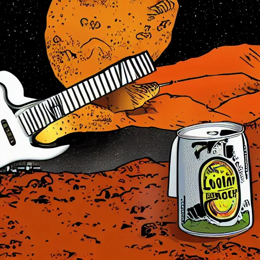 Prompt: an electric guitar headstock and a beer can on the moon. detailed. cartoon