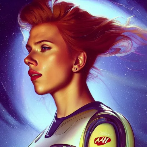 Prompt: a close-up of Scarlett Johansson as an astronaut, long flowing hair, dramatic backlighting, stars, golden hour, kodachrome, high contrast, highly detailed, sharp focus, digital painting, concept art, illustration, trending on artstation, art by greg rutkowski + greg hildebrandt + alphonse mucha