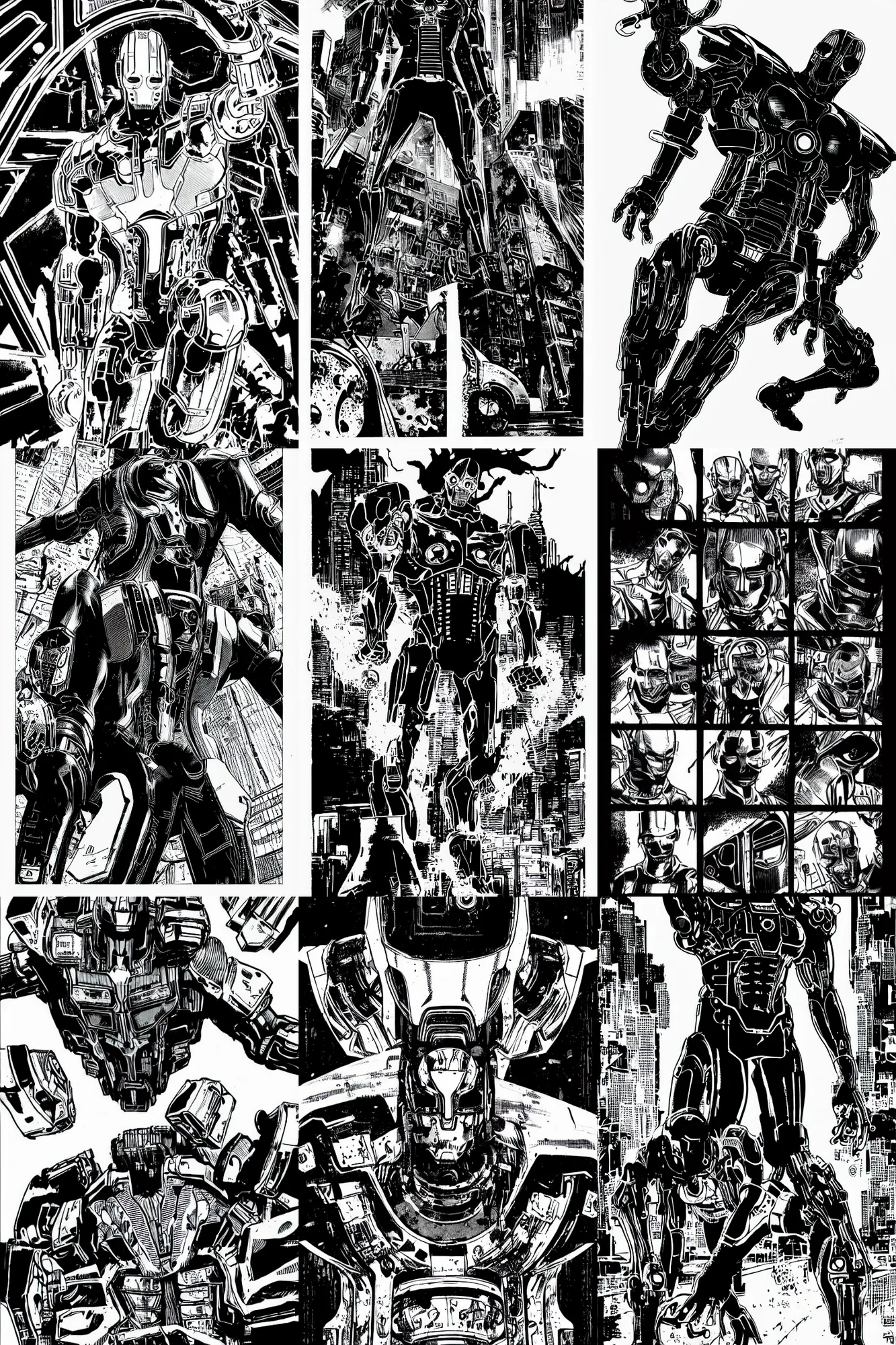 Image similar to ultron, a page from cyberpunk 2 0 2 0, style of paolo parente, style of mike jackson, 1 9 9 0 s comic book style, white background, ink drawing, black and white