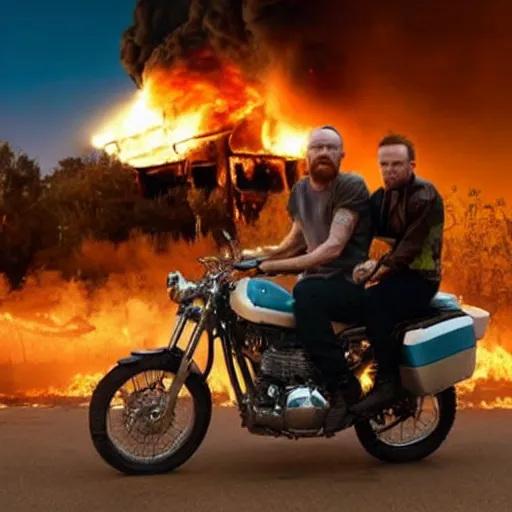 Image similar to photo of walter white and jesse pinkman riding motorcycles with an exploding building on fire behind them, color, cinematic lighting, highly detailed