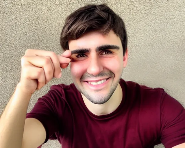 Image similar to A young man with big round brown eyes, medium length brown hair, a roman nose, oval face, wearing a maroon t-shirt, clean shaven, HD selfie