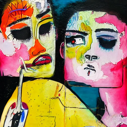 Image similar to watercolor painting of two bizarre psychedelic punk women kissing each other closeup in a bar in japan, speculative evolution, mixed media collage by basquiat and jackson pollock, maximalist magazine collage art, sapphic art, lesbian art, chemically damaged