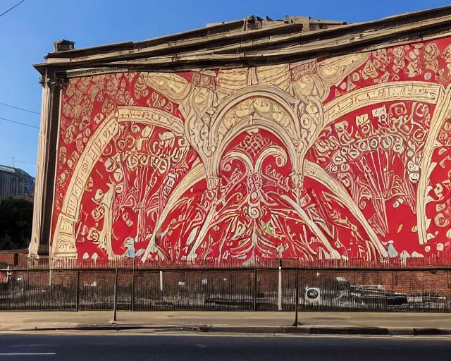 Image similar to photo of an outdoor mural of an opera house from the early 1 9 0 0 s in the style of art nouveau, red curtains, art nouveau design elements, art nouveau ornament, opera house architectural elements, painted on a brick wall, outdoor mural, mucha, masonic symbols, masonic lodge