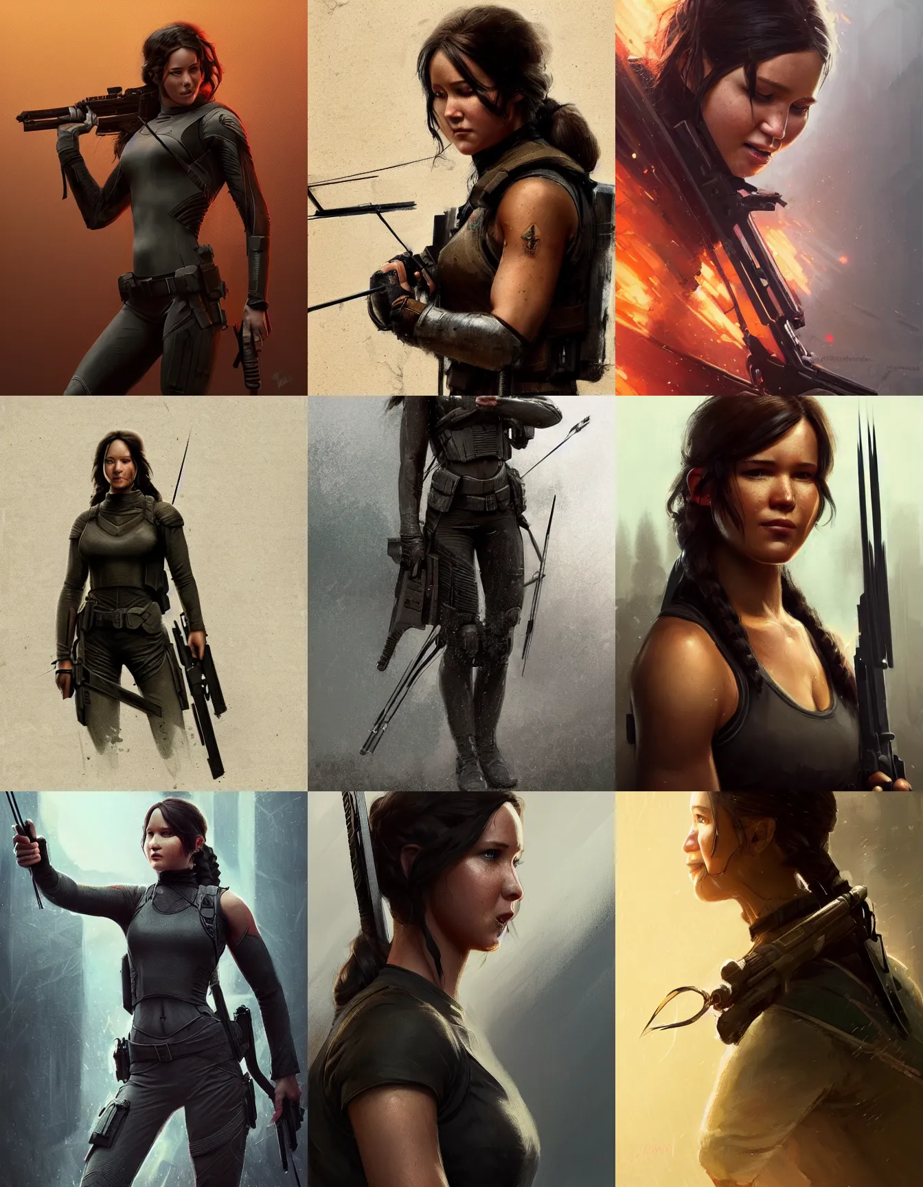 Prompt: ( ( ( ( ( katniss everdeen ) ) ) ) ) as a bounty hunter, strong, muscular, laughing, digital portrait by greg rutkowski, intricate, soft focus, highly detailed, cinematic, epic, artstation