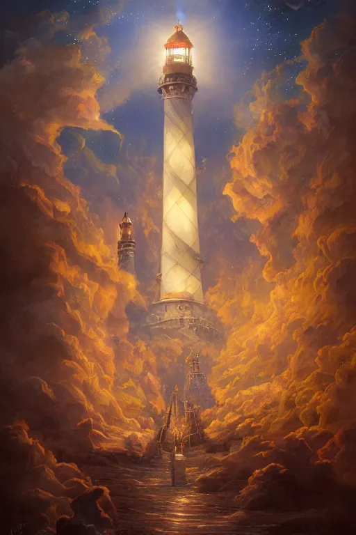 Image similar to Detailed Exterior Shot of Angelic Lighthouse of Alexandria, light of infinity, epic shafts, swarm of fireflies, magic atmosphere, in Style of Peter Mohrbacher, cinematic lighting