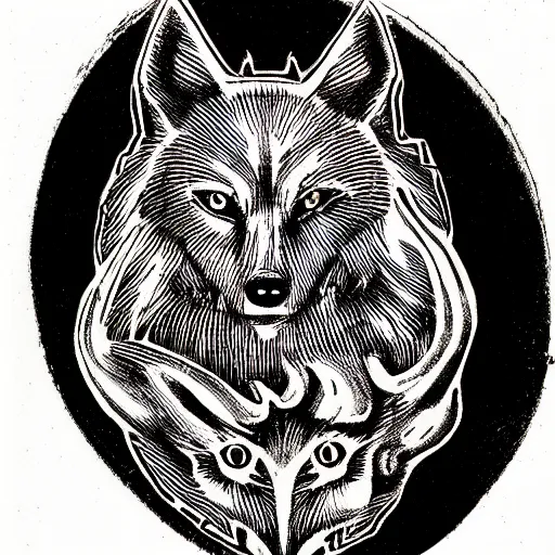 Image similar to wolf with three heads iconography old occult runes intaglio etching engraving alchemy ink witchcraft