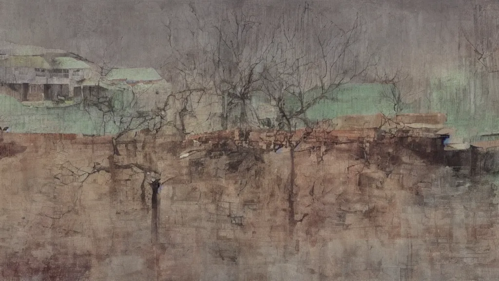 Image similar to a chinese prison near a river by peter doig, muted colors