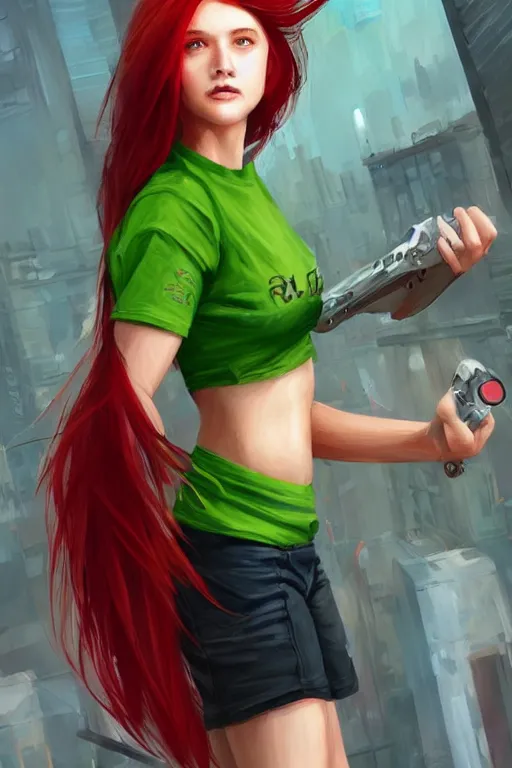 Prompt: beautiful cute athletic red haired eighteen year old young woman standing up, casual green clothing, long straight hair, cyberpunk city, attractive cheerful face, casual pose, rpg character, sci - fi, intricate, elegant, digital painting, artstation, concept art, smooth, 8 k frostbite 3 engine, ultra detailed, art by artgerm and greg rutkowski and magali villeneuve