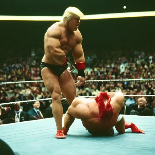 Prompt: muscular donald trump fighting in the wwe arena as a professional wrestler, 85mm pentax k1000, f 1/3, award winning photography