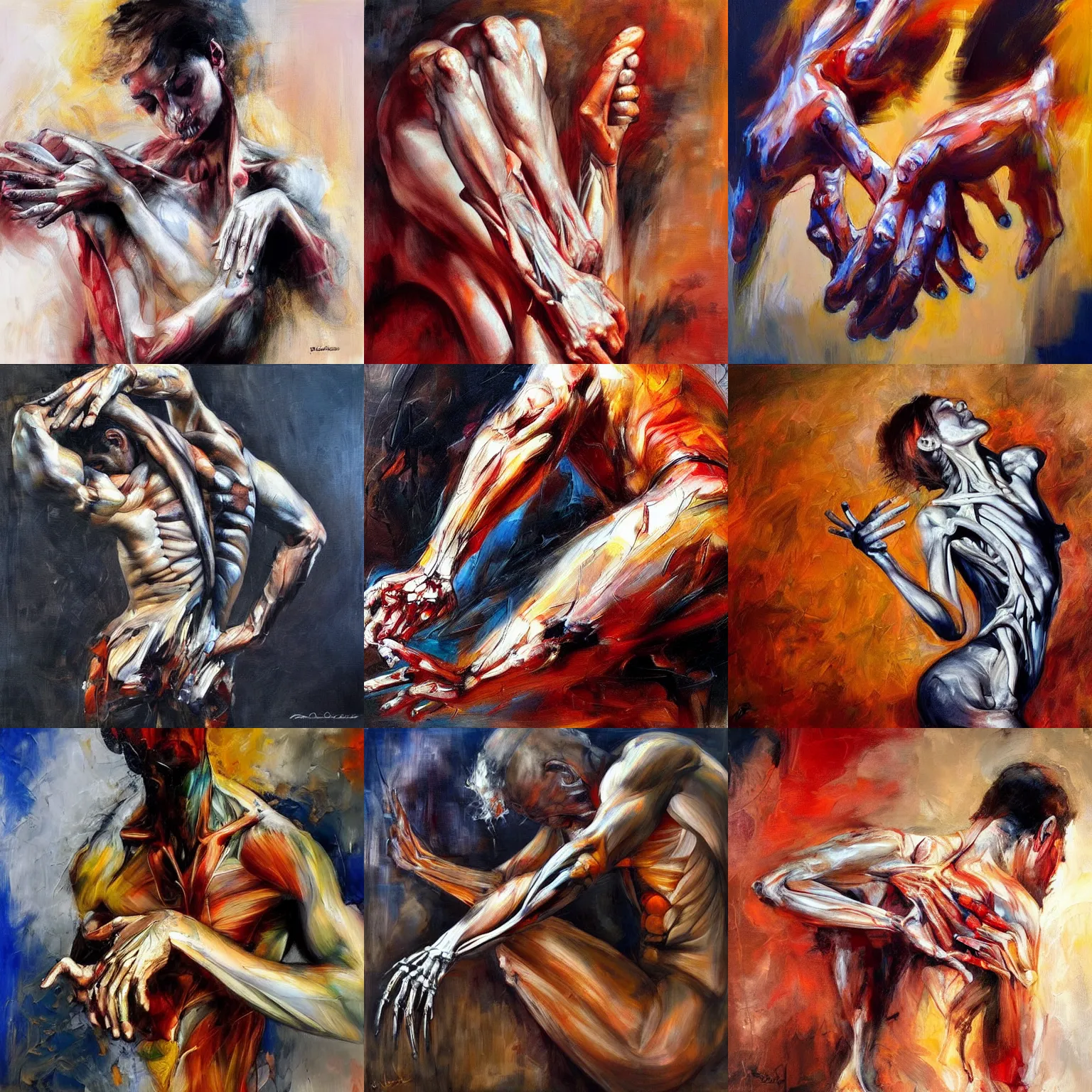 Prompt: gestures, bones, muscles, fingers composition abstract, magical, realism, by seveso, asencio, baars