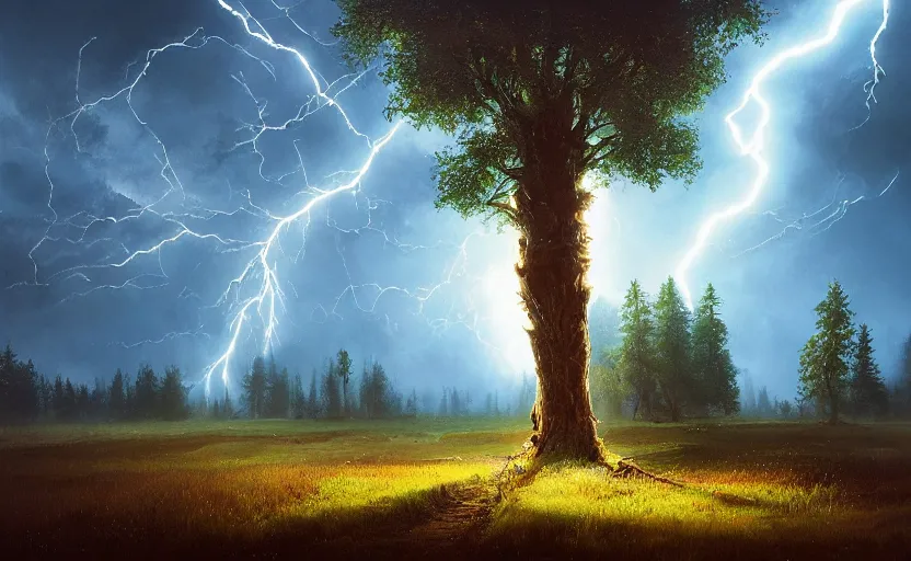 Prompt: lightning strikes a tree in the middle of a field, fantastic landscape, hyperrealism, no blur, 4k resolution, ultra detailed, style of Anton Fadeev, Ivan Shishkin, John Berkey