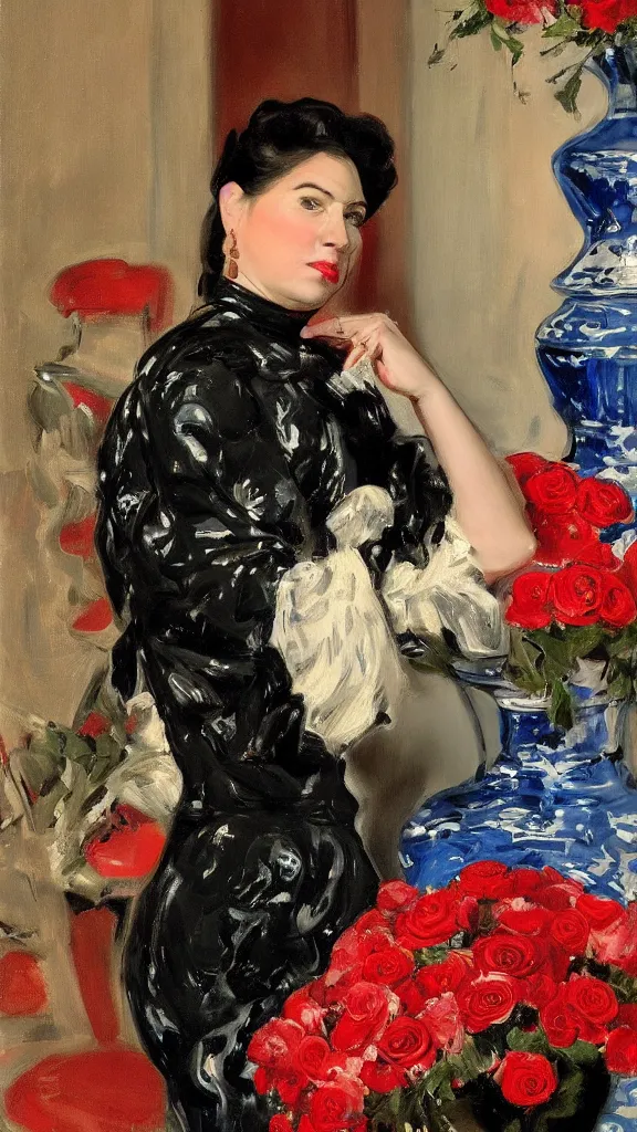 Image similar to portrait of rebekah delrio in lynch pattern dress beside of a big persian detailed pot of red roses, blue and red lights painted by john singer sargent