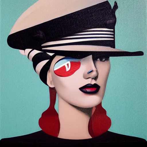 Image similar to a painting of a woman with a hat on her head, an art deco painting by nick gentry, featured on behance, precisionism, art deco, detailed painting, airbrush art