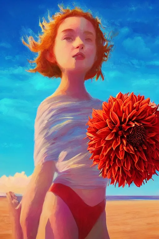 Image similar to closeup girl with huge dahlia flower head, on beach, surreal photography, blue sky, sunrise, dramatic light, impressionist painting, digital painting, artstation, simon stalenhag