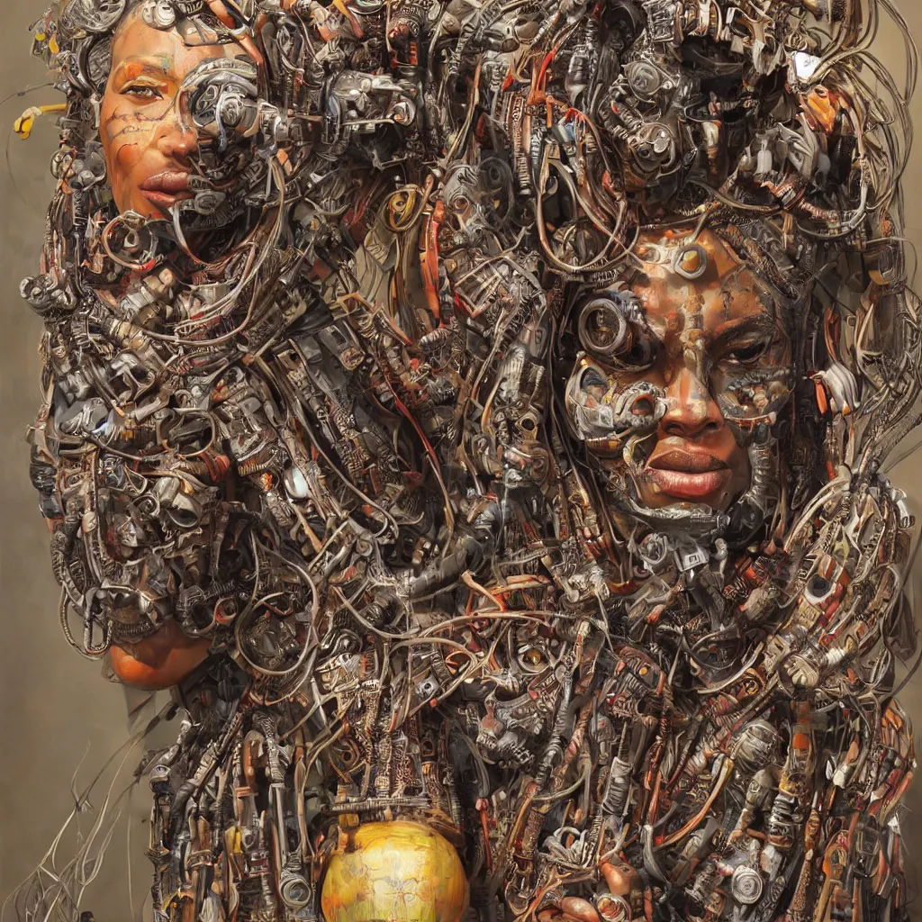 Prompt: a realistic portrait of one intricately detailed cyborg with african mask, lots of thick long braids and electrical cables, colorful - patterns, cyber - punk background, professional studio lighting with subtle shadows, hyper realism, art by tim okamura and karol bak, blender cycles render, 8 k