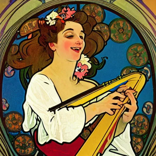 Prompt: a Happy Jester playing the harp, in the style of Alphonse Mucha