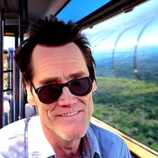 Image similar to jim carrey on a cablecar