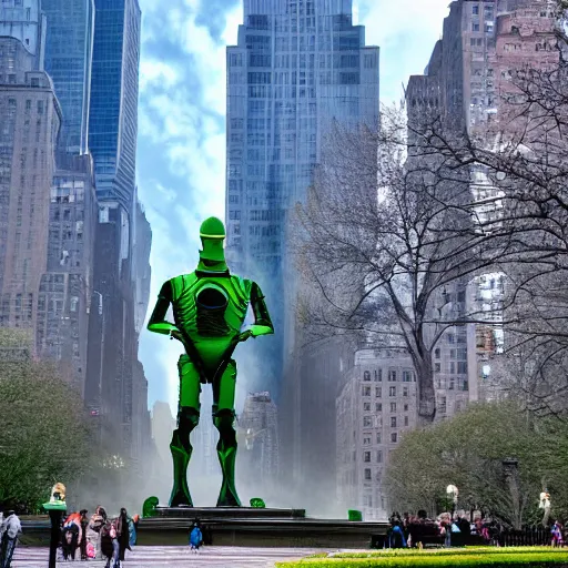 Image similar to gort from the day the earth stood still standing menacingly and evil in new York City park