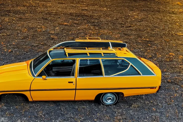 Image similar to 1 9 7 3 ford pinto stationwagon, yellow - orange color, wide - angle lens, dramatic lighting, cool marketing photo